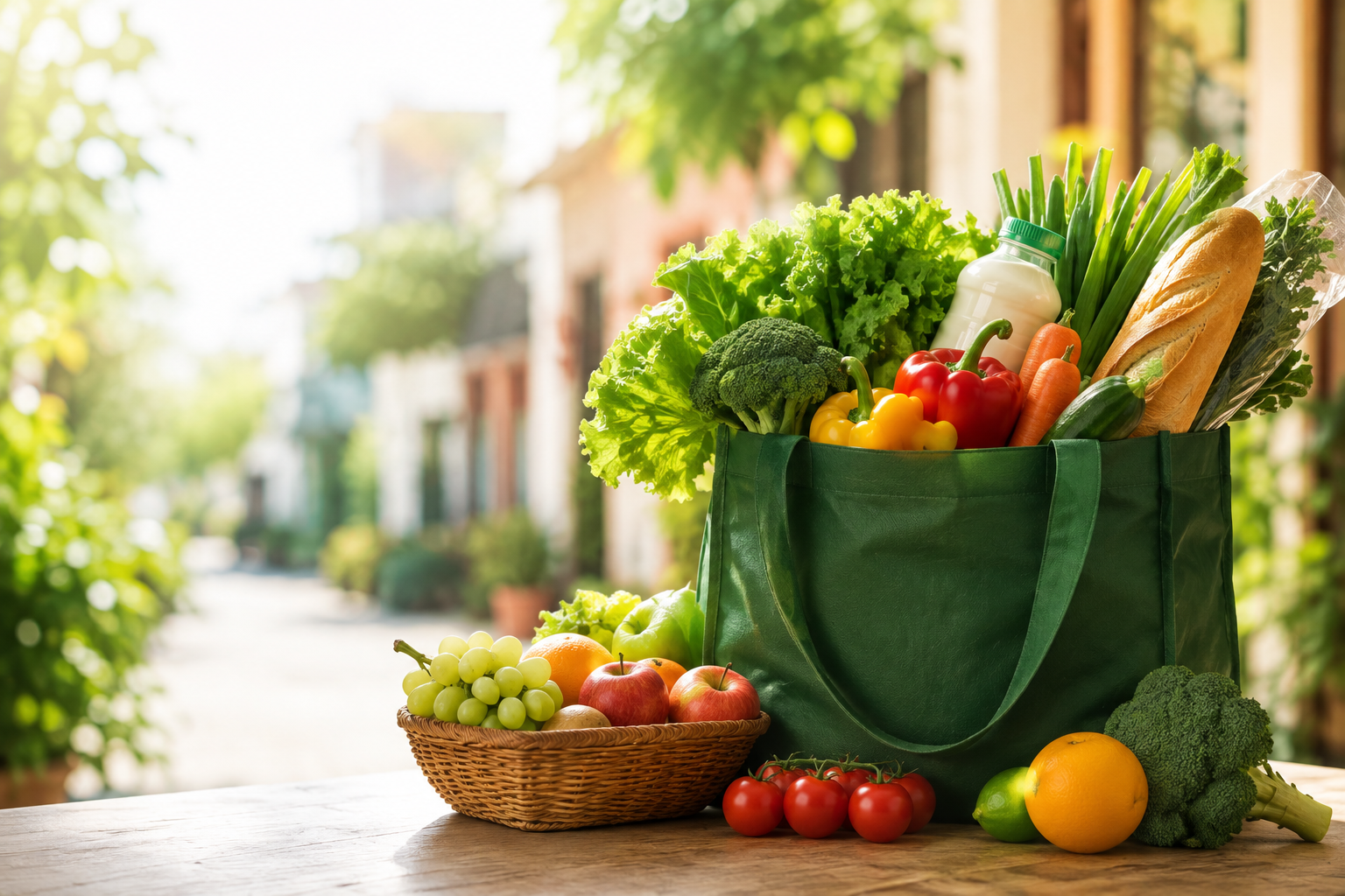 Fresh fruits and vegetables arranged on a wooden surface