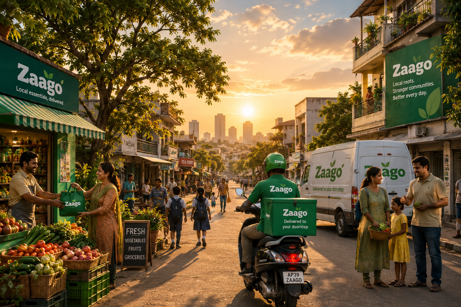 A neighbourhood street with local shops and fresh produce crates at golden hour