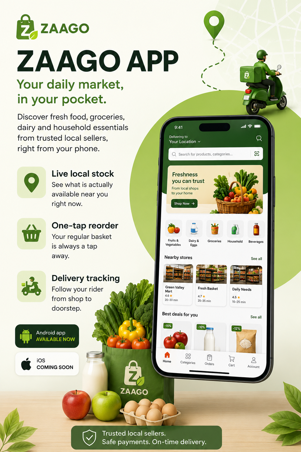 The Zaago app open on a phone, showing grocery categories